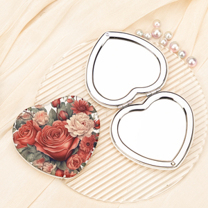 Miroir de poche compact en cuir PU imprimé floral rose rouge vintage, cadre chromé argenté, double face, verre HD, vente en gros - Product Image 4