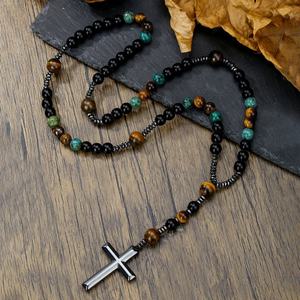 Colliers vintage anti-ternissement en œil de tigre, pierre naturelle, cadeaux chrétiens, pendentif croix religieuse pour hommes et femmes - Product Image 3
