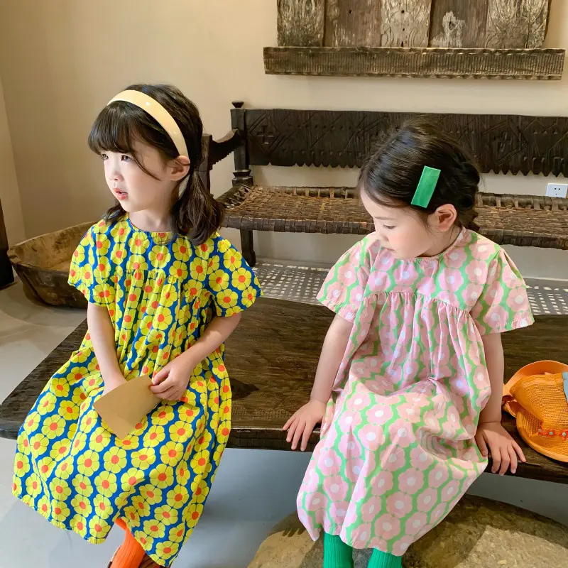 2022 Baby Girls' Summer Dress Floral Print Korean Style Puff Sleeve Children's Princess Dress Kids Clothes