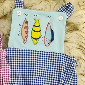Combinaison sans manches pour bébé garçon, motif à carreaux bleu marine avec broderie de poissons, vente en gros, SR3413 RTS - Product Image 3