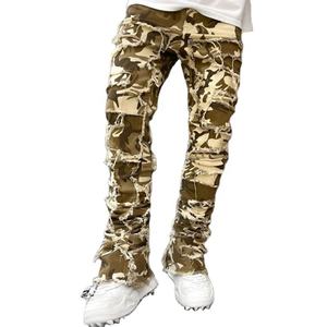 Jeans Vaqueros de Mezclilla Camuflados Lavados, Desgastados, Rotos y Parchados, Estilo Urbano, Personalizados para Hombre - Product Image 1