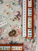 Jeu de tuiles en acrylique Mahjong américain, thème plage côtière, design personnalisé planche de surf, vase à fleurs, panier de pique-nique