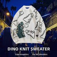 Pull-over unisexe personnalisé surdimensionné à motif dinosaure de dessin animé, tricoté à manches longues, design graphique décontracté sur le devant pour l'automne