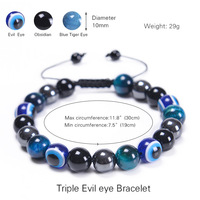 Bracelets de protection contre le mauvais œil en vente chaude, 8MM/10MM hématite, obsidienne, œil de tigre, perles ajustables, bracelet tressé contre le mauvais œil