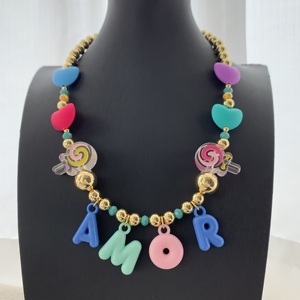 Nouveau <span class=keywords><strong>Collier</strong></span> BD-C6404 Tendance avec Perles Dorées, Breloque Lettre Bulle Colorée pour Fête, <span class=keywords><strong>Collier</strong></span> AMOR Cœur Mignon <span class=keywords><strong>Sucette</strong></span> - Product Image 6