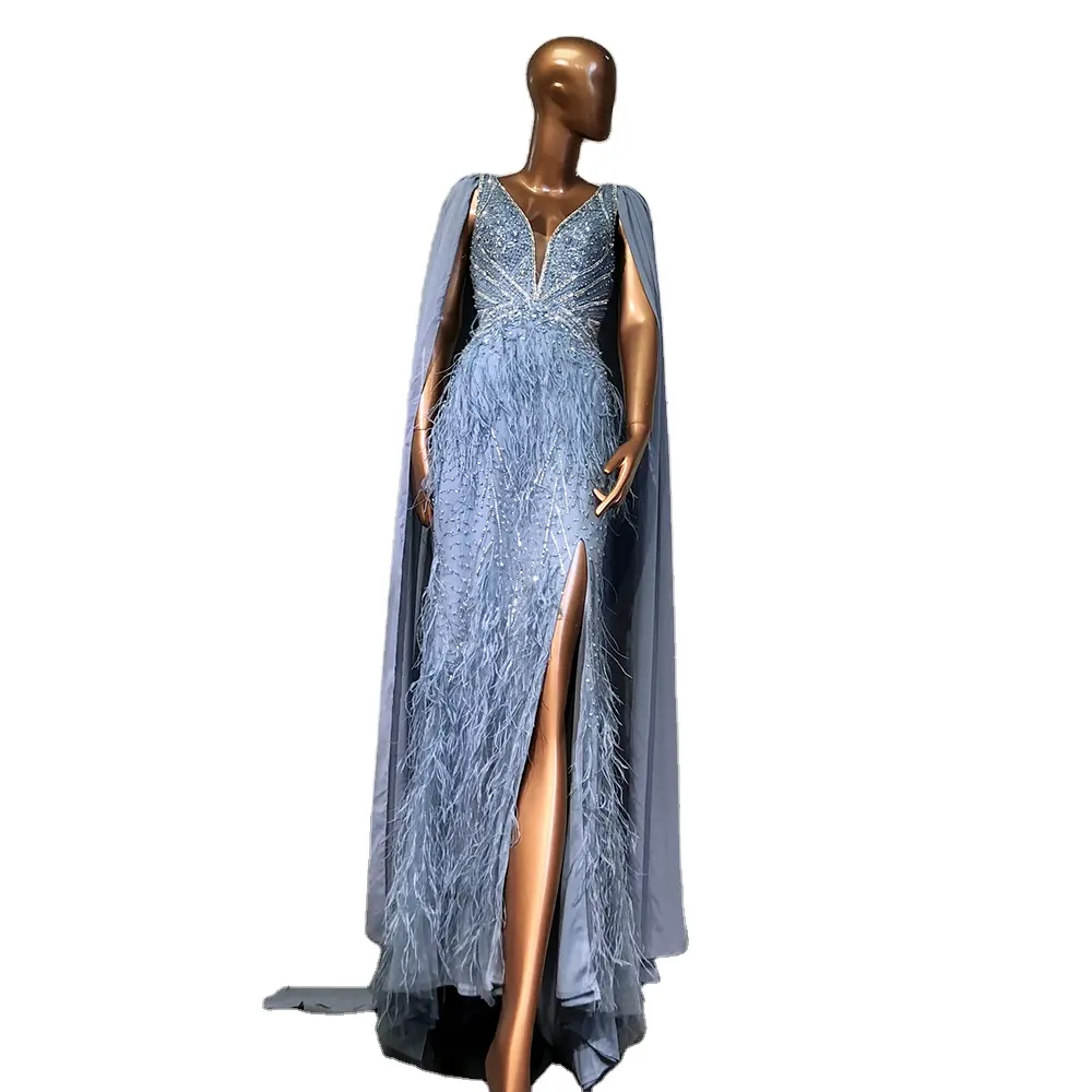Blue Beaded Feather Cape Sleeves Mermaid Dresses 2023 Serene Hill LA71583A Evening Party Formal Gowns For Women
