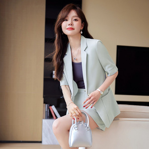 Women's Suit Set Three Quarter Sleeve Blazer Shorts Set Summer Breathable Woven Elegant Style - Product Image 1