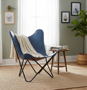 Navy Blue Genuine Leather Foldable Butterfly Chair with Black Metal Frame Modern Lounge <b>Seating</b> Living Room Hotel Cafe - Product Image 2