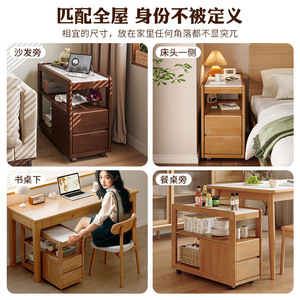 <b>Solid</b> <b>Wood</b> Side <b>Table</b> With Wheels Marble <b>Top</b> Multifunctional Living Room Coffee <b>Table</b> Storage Cabinet Small Mobile Trolley - Product Image 4