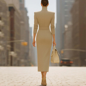 Abito Vintage da Donna, Slim Fit, Scollo a V, Vita Alta, Lunghezza Media, in Poliestere, Moda Autunnale - Product Image 2