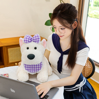 Peluche adorable West Highland White Terrier, chien créatif avec nœud et bavoir à carreaux, jouet en peluche doux pour la décoration de la maison, du canapé et de la chambre.