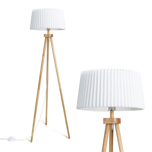Aigostar Vintage Design industriale in legno treppiede lampada da terra per soggiorno pieghettato in lino bianco con interruttore a pedale - Product Image 1
