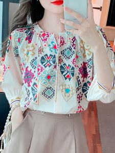 Boutique all'ingrosso 2024 estate nuovo stile elegante stile etnico stampato <span class=keywords><strong>camicie</strong></span> da <span class=keywords><strong>donna</strong></span> a maniche medie - Product Image 2