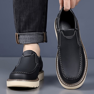 Zapatos Sin Cordones para Hombre, Negros, con Suela Gruesa, Tacón Bajo, Punta Redonda, Casuales, de Cuero, Estilo Retro, para Otoño, Zapatos Robustos de Trabajo - Product Image 1