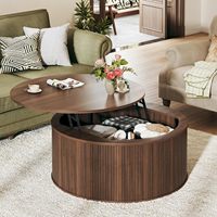 Table basse relevable de 31,5 pouces avec rangement, design moderne du milieu du siècle, structure en bois d'ingénierie, plateau rustique cannelé en noyer pour