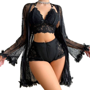 Set di Lingerie Sexy Trasparente per Casa, Stile Francese, Tre Pezzi, <span class=keywords><strong>Pigiama</strong></span> Unico da <span class=keywords><strong>Donna</strong></span> con Ricami in Pizzo e Dettagli Traforati - Product Image 1