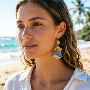 Boucles d'oreilles en émail sur le thème de l'océan, en acier inoxydable, avec étoiles de mer et coquillages, pour femmes, style de vacances luxueux et sophistiqué - Product Image 3