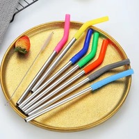 1Pcs Pailles en acier inoxydable réutilisables Pailles droites courbées avec embouts en silicone pour boissons chaudes et froides Outil de bar