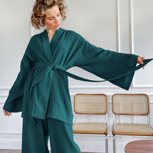 Autunno camicia da notte a maniche lunghe pantaloni larghi in Crepe tuta pigiama da donna abbigliamento da notte tinta unita - Product Image 1