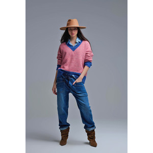 กางเกงยีนส์ทรงหลวมพร้อมกระเป๋าด้านหน้าและเชือกผูกที่เอว - Product Image 5