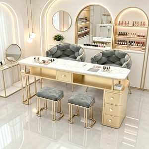 Table de manucure de luxe en métal doré avec plateau en marbre, poste de travail pour technicien des ongles, bureau de travail avec tiroirs de rangement pour salon de beauté - Product Image 1