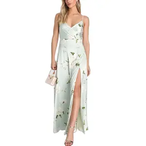 Hot Selling Fashionable Women Dress Custom Light Green Printed Flower Strap Dresses Summer Satin A-line Maxi Dresses For Ladies