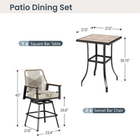 Ensemble de salle à manger d'extérieur 2 pièces en rotin tressé avec tabourets de bar pivotants et table de bistrot carrée haute pour jardin, terrasse et patio