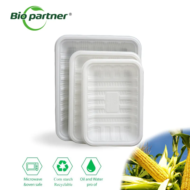 Fábrica Biodegradable desechable bandeja de fruta fresca rectangular plástico envasado de alimentos Almidón de maíz Blister desechable