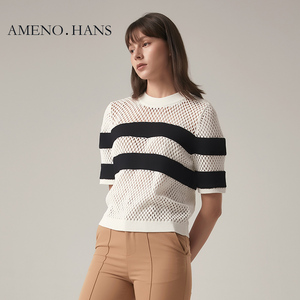Nuovo arrivo maniche corte O collo maglione donna Top bianco <span class=keywords><strong>e</strong></span> nero con bottoni - Product Image 2