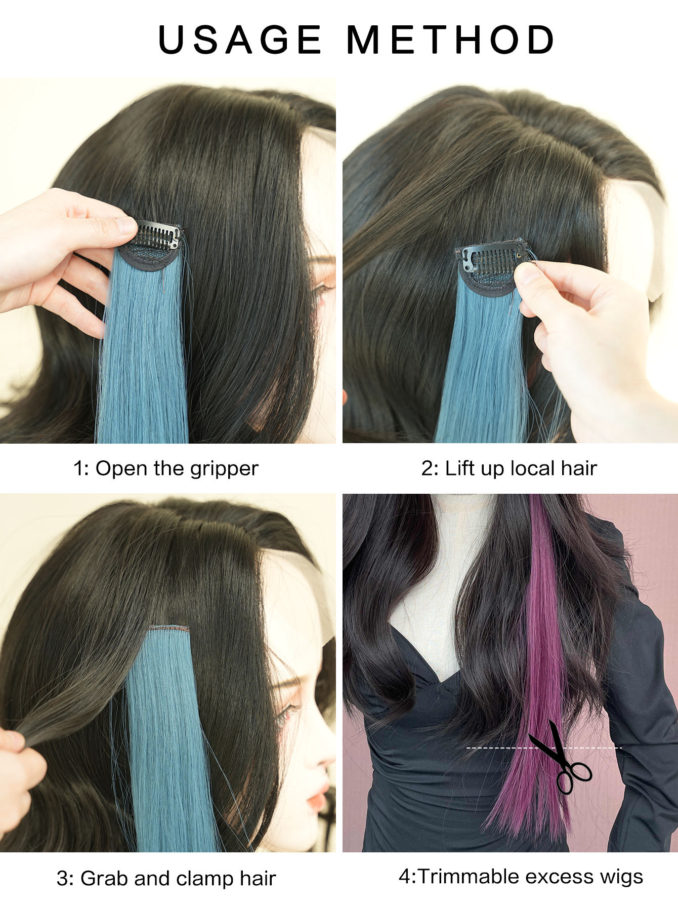 Dark Blue Hair Extensions Straight Hair Highlights Nail Clip Wig Extensions  Colored Hair Streak Synthetic Hairpieces 23