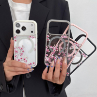Coque de téléphone de luxe transparente motif fleur de prunier haut de gamme pour iPhone 17 Pro Max, compatible avec fixation magnétique Apple 16 et 15