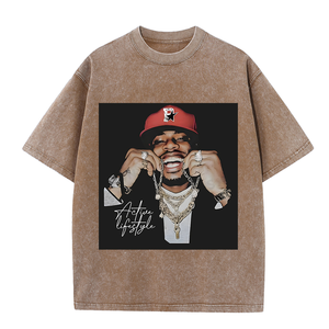 T-shirt Rétro Hip-Hop Américain et Européen en Coton Lavé à Manches Courtes Imprimé Tricoté pour Hommes et Femmes, Style Urbain Oversize pour Couples - Product Image 1