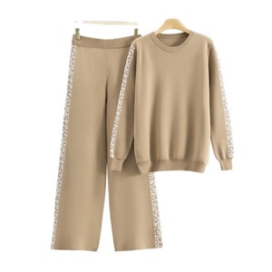 Conjunto de Suéter Tejido para Mujer, Manga Larga, Corte Holgado, con Pantalones con Detalles de Leopardo, Atuendo Casual para Otoño e Invierno - Product Image 5