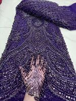 Tissu en dentelle de tulle tricoté en polyester/coton, motif éventail de paon, perles à bulles, broderie de paillettes, maille scintillante, Nigeria Ghana