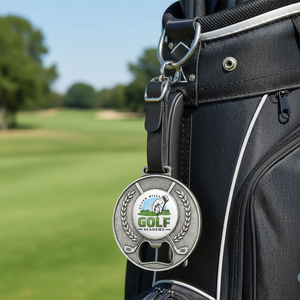 Étiquette <span class=keywords><strong>de</strong></span> sac <span class=keywords><strong>de</strong></span> golf en métal personnalisée OEM d'usine, avec sangle en cuir et porte-nom - Product Image 2