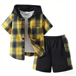 Ensemble de vêtements d'été pour garçon, <span class=keywords><strong>chemise</strong></span> à manches courtes à <span class=keywords><strong>carreaux</strong></span> à capuche + short, 2 pièces, vêtements pour enfants - Product Image 2
