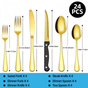 Top 24 Pcs Cubiertos Cucharas Tenedores y cuchillo Juego de cubiertos de oro de acero inoxidable para boda - Product Image 4