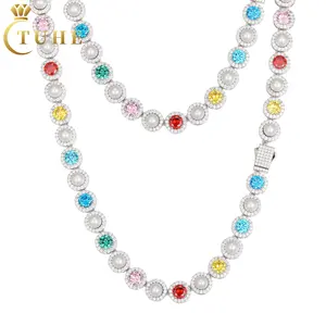 European Minimal Jewelry White Gold Plated 925 Sterling Silver AAAAA Colored CZ Diamond Shell Pearl Tennis Chain Necklace