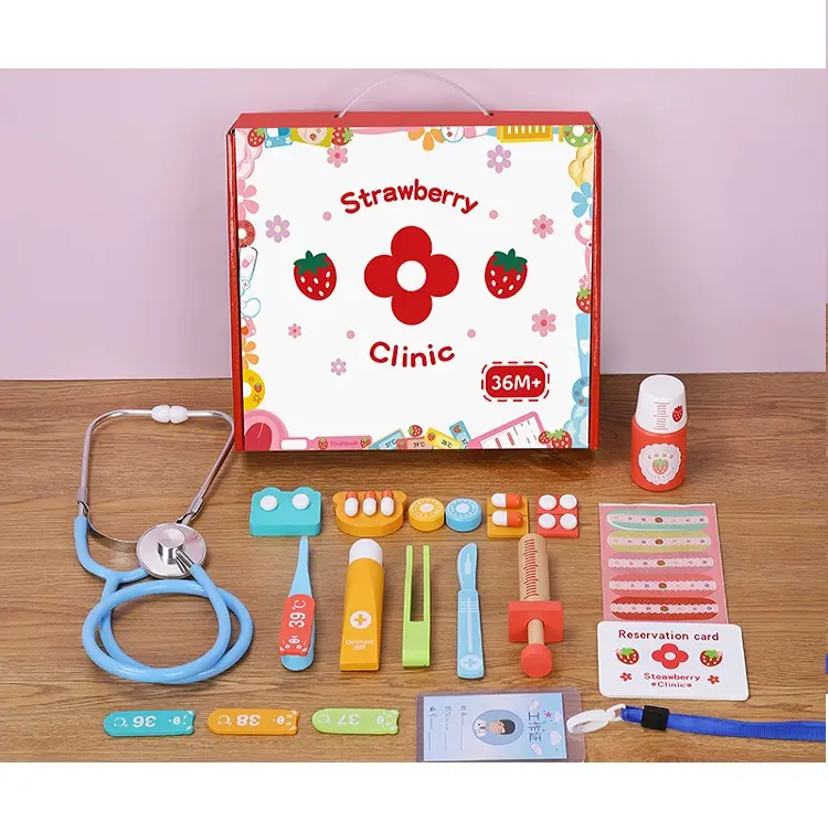 Toys For Children Girl Boy Kids Pretend Play Wood Doctor Toys Red Medical Kit Dentist Medicine Box Sets Cloth Bag Packing Games