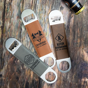 Cadeaux de <span class=keywords><strong>mariage</strong></span> pour hommes enterrement de vie de garçon Décapsuleur de bière en similicuir gravé au laser personnalisé - Product Image 4