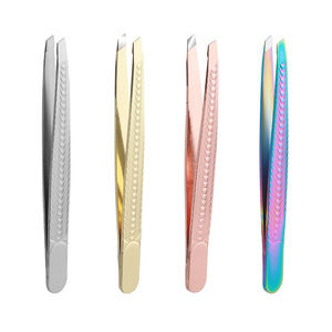 Precision stainless steel tweezers with slanted tip for plucking hair, trimming eyebrows, and grooming. Wholesale available - Product Image 2