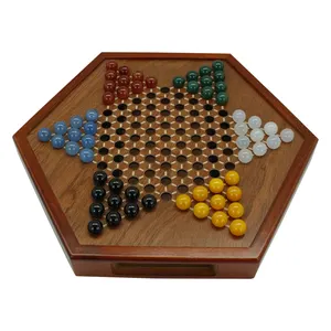 दराज के साथ लकड़ी चीनी चेकर्स, 60 रंगीन कांच के पत्थर | सभी उम्र क्लासिक रणनीति खेल