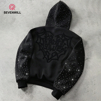 Özel Tasarım Erkek INS Sokak Stili Kapüşonlu Üst Giyim Popüler Eşleşen 3D Örümcek Ağı Kalp Nakışı %100 Pamuklu Sweatshirt Taşlı Baskılı