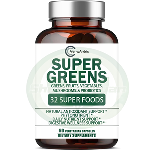 Capsule SUPER GREENS OEM Etichetta Privata, 32 SUPER ALIMENTI, Integratore Naturale Antiossidante per Adulti, Benessere Digestivo, Senza <span class=keywords><strong>Glutine</strong></span>, Basso Contenuto di Zuccheri, 60 Capsule - Product Image 1