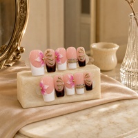 Kuku Palsu 3D Bunga Rhinestone French Tip Pink Putih Grosir, Buatan Tangan untuk Salon Kecantikan