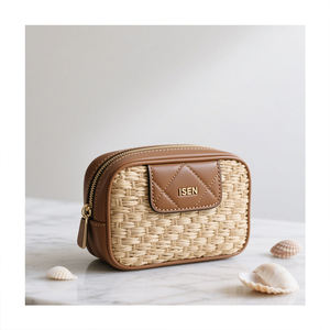 Bolsa de Aseo <span class=keywords><strong>ISEN</strong></span> Personalizada con Logotipo Estilo Natural de Paja para Maquillaje, Neceser Cosmético con Cremallera para Productos de Belleza y Cuidado de la Piel - Product Image 4
