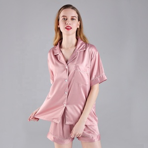 FUNG 3034 High Quality Polyester Satin Pajama Set Solid Pajamas Factory Wholesale <strong>Silk</strong> Sleepwear Embroidery Pajamas Women - Product Image 3