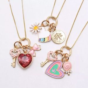 2025 nuevos collares de esmalte chapados en oro para niños, collares con colgante de corazón de girasol arcoíris con llave dulce para niños - Product Image 3