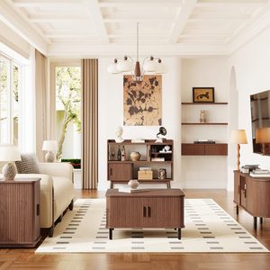 SENYU Modern Solid <b>Wood</b> Side <b>Cabinet</b> with Open Storage & Slatted Sliding Doors Mid-Century Accent <b>Cabinet</b> <b>for</b> <b>Living</b> <b>Room</b> OEM/OD - Product Image 5