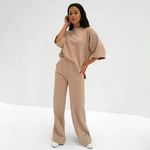 Wholesale Custom Women Clothing Two Piece Pants Set Casual Short Sleeve and Wide Leg Pant Matching Sets for Women Summer Velvet